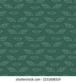 Seamless pattern with eyes and lips in the style of line art. vector illustration