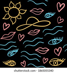 Seamless pattern with eyes, lips, sun, waves hats, hearts, creating a summer mood on a black background
