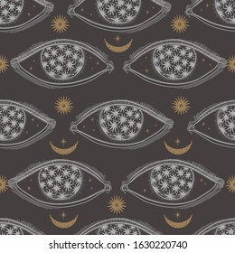 Seamless pattern eyes magic emblem.Mystic vintage style.Vector illustration.