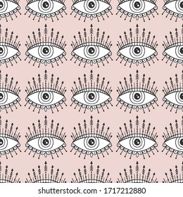 Seamless pattern with eyes magical pattern. Mystical icon hand drawn print. Cartoon style, sign esoteric, inspiration eye. Vector illustration