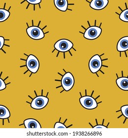 Seamless pattern with eyes magical pattern on yellow background