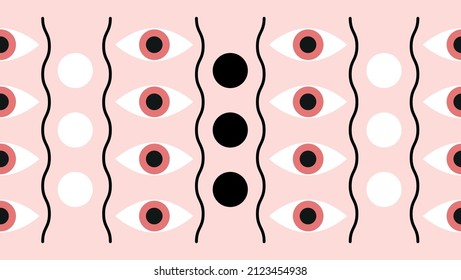 Seamless pattern with eyes in minimal style. Geometric shapes and eyeballs on light pink backdrop