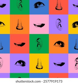 Seamless pattern eyes, mouth, nose, ear. Squares with eyes, mouth, nose, ear pattern. Vector abstract symbols with, useful for web, art, print, magazine front page, cover artwork. Parts of the head.