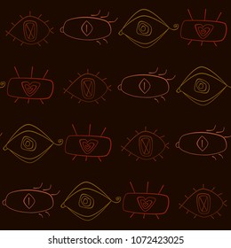 Seamless pattern with eyes on brown background.