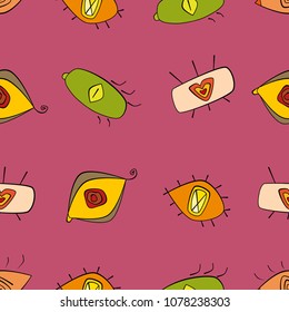 Seamless pattern with eyes on purple background.