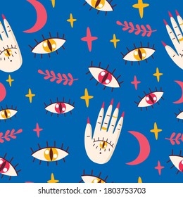 Seamless pattern with eyes, palm.Vector illustration.