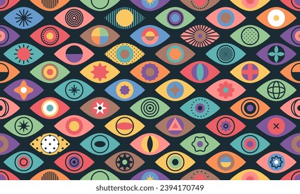 Seamless pattern with eyes. Retro texture in 80s - 90s style. Geometric eyelashes background. Hipster Memphis style for fashion. Perfect for wallpaper, pattern fill, web page, surface texture, textile