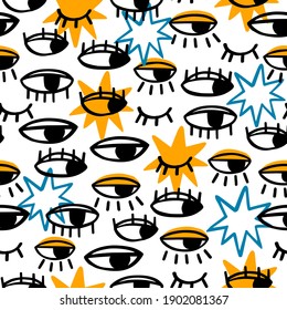 Seamless pattern with eyes and stars. Vector background. Great for nursery design, fabric, textile, wrapping paper and more