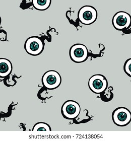 Seamless pattern of eyes. Vector illustration of  different eyeballs with optic nerve in shape of lizard body. Repeating texture background design.
