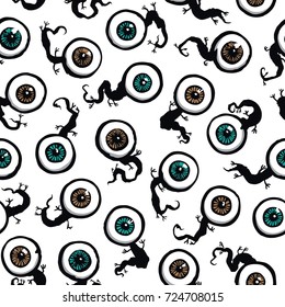 Seamless pattern of eyes. Vector illustration of  different eyeballs with optic nerve in shape of lizard body. Repeating texture background design.
