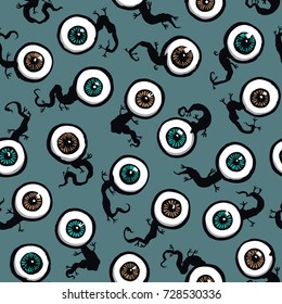 Seamless pattern of eyes. Vector illustration of  different eyeballs with optic nerve in shape of lizard body. Repeating texture background design.
