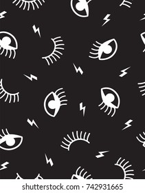 Seamless pattern with eyes, winks and lightning in black and white.