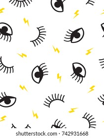 Seamless pattern with eyes, winks and yellow lightning.