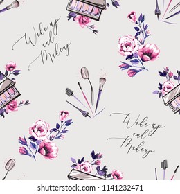 Seamless pattern with eyeshadow palette, flowers and makeup brushes. Stylish and beautiful graphic on white background. Design for logo, t shirt and uniform for beauty salon.