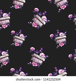 Seamless pattern with eyeshadow palette and flowers. Black background