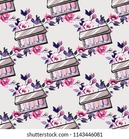 Seamless pattern with eyeshadow palette and flowers.