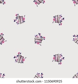 Seamless pattern with eyeshadow palette and flowers.