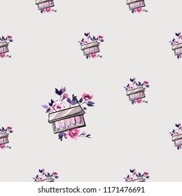 Seamless pattern with eyeshadow palette and flowers.