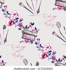 Seamless pattern with eyeshadow palette, flowers and makeup brushes. Stylish and beautiful graphic on white background. Design for logo, t shirt and uniform for beauty salon.