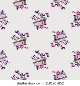 Seamless pattern with eyeshadow palette and flowers.