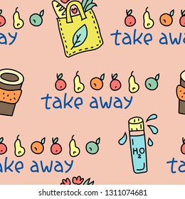 Seamless pattern with fabric bag, glass coffee cup, bottle. Zero waste Take Away concept. Colorful doodle style illustration 