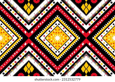 Seamless Pattern, Fabric and Carpet Design Ethnic Tile Repetition Abstract Textile Print Wallpaper Square Triangle Red Yellow White Black