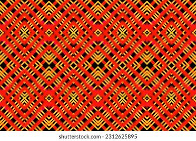 Seamless pattern, fabric and carpet design, Ethnic Tile Repetition Abstract Textile Print Wallpaper Square Triangle Red Yellow Black