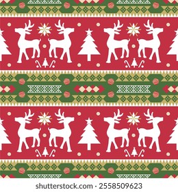 Seamless Pattern of fabric Christmas Ornaments. Reindeer with Xmas tree, snowflakes. Red, Green, Gold Color. Wallpaper. Vector.