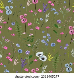 
Seamless pattern for fabric field forest plants and flowers illustration.