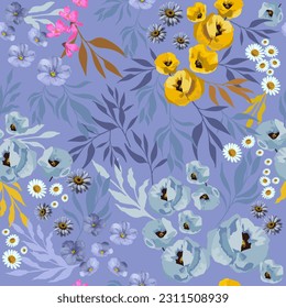 
Seamless pattern for fabric field forest plants and flowers illustration.