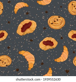 Seamless pattern for fabric with fragrant pastries, croissants and buns.