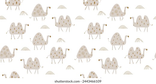 Nahtloses Muster für Stoff: geometrische Kamele in der Wüste. Vektor minimalistische Illustration.