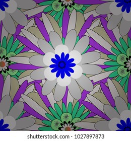 Seamless pattern for fabric, gift wrap, wall art design. Vector illustration. Seamless repeat pattern with flowers in violet, gray and purple colors.