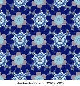 Seamless pattern for fabric, gift wrap, wall art design. Vector illustration. Seamless repeat pattern with flowers in violet, black and blue colors.
