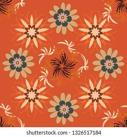 Seamless pattern for fabric, gift wrap, wall art design. Seamless repeat pattern with flowers in beige, brown and orange colors. Vector illustration.
