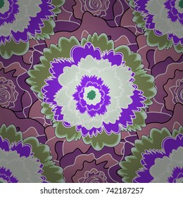 Seamless pattern for fabric, gift wrap, wall art design. Vector illustration. Seamless repeat pattern with flowers in green, purple and violet colors.