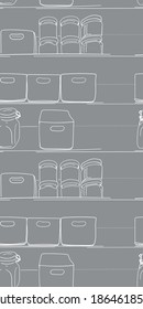 seamless pattern for fabric. gray print. organization of things in the house. jars, boxes, containers. kitchen design, towels, packaging design. pantry, wardrobe, shelves. to clean up. jar of cereals.