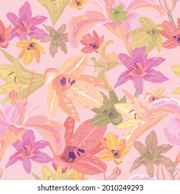 Seamless pattern for fabric from light yellow and lilac lilies in gentle pink tones