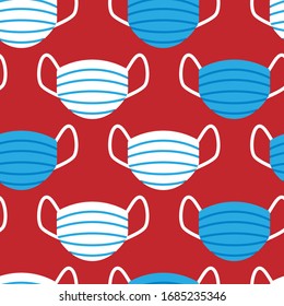 seamless pattern with fabric medical face masks white and blue colors on red background. virus protection. Coronavirus pandemic. Covid-19