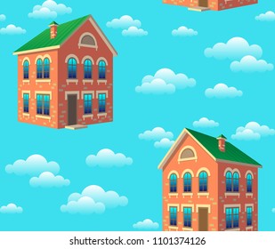 Seamless pattern for fabric. Multi-colored seamless pattern of red brick houses with green roof on the background of clouds and blue sky for children's bed linen or children's clothing, cartoon style