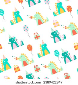Seamless pattern for fabric and packaging for children's birthday dinosaurs. Vector illustration.