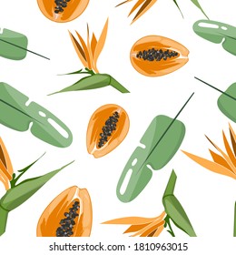 
patrón sin costura para tela con papaya y hojas de palma tropicales. imprimir para ropa con strelitzia.
