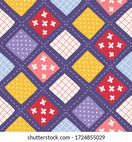 Seamless pattern with fabric pieces, dots, flowers on violet background. Perfect for handmade work, wallpaper, gift paper, textile, texture. Vector illustration