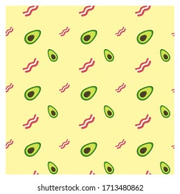 Seamless pattern for fabric or poster. Repeat healthy Breakfast with avocado. Good nutrition. Avocado and bacon for Breakfast. 