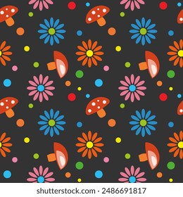 Nahtloses Muster, Muster für Stoff mit stilisierten Pilzen und Blumen im Retro-Stil, Vektorgrafik