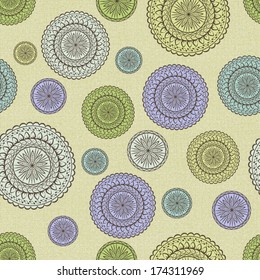 Seamless pattern of fabric texture with round floral ornaments