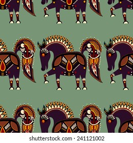 seamless pattern fabric with unusual tribal animal in ukrainian karakoko style, repetitive folk background, vector illustration