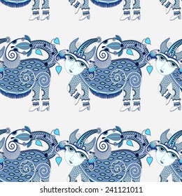 seamless pattern fabric with unusual tribal animal in ukrainian karakoko style, repetitive folk background, vector illustration