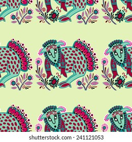 seamless pattern fabric with unusual tribal animal in ukrainian karakoko style, repetitive folk background, vector illustration
