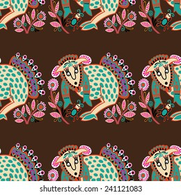 seamless pattern fabric with unusual tribal animal in ukrainian karakoko style, repetitive folk background, vector illustration